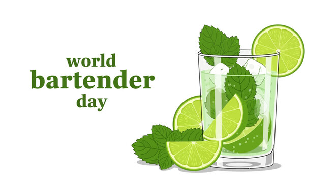 Vector illustration of a refreshing mojito cocktail with lime slices and mint leaves on World Bartender Day, celebrating hospitality and mixology.