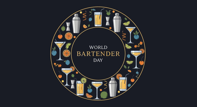 Illustration celebrating World Bartender Day with colorful icons of bartending tools and drinks on a black background.