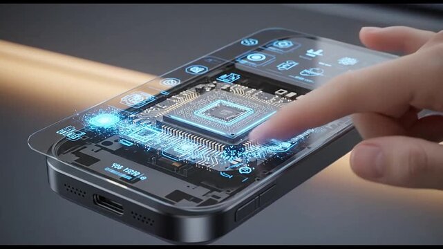Hand touching glowing CPU chip on smartphone circuit board