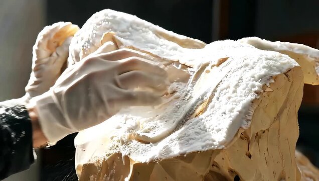 Crafting a plaster cast of a human body.