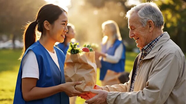 Young volunteer gives food groceries to smiling senior man outdoors