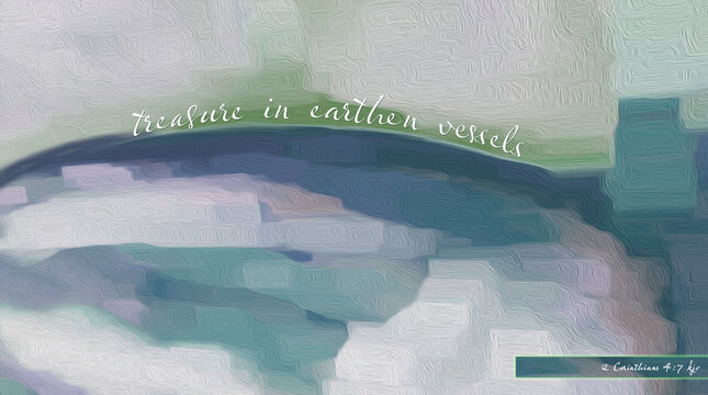 Bible Vs 2 2 Corinthians 4:7 kjv w/Abstract Whimsical Pottery or Glass Header Image Sage, Navy Blue, & Aqua w/Square pattern or texture throughout Bible Study, Church, Christian Design, Backdrop, Art
