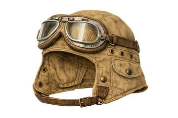Vintage pilot helmet and aviator goggles with transparent background