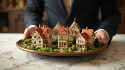 Butler holding miniature homes on tray, luxury, interior