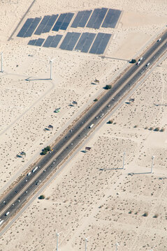 USA, California, Palm Springs.  Aerial view of interstate 10 (Sonny Bono Memorial Freeway) passing through San Gorgonio Wind Farm in the Coachella Valley