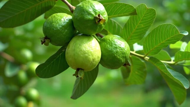 Unripe green guavas on a tree branch in a garden