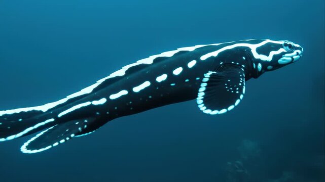 A fish with white patterns swims in the dark blue ocean.