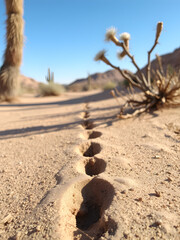 Subtle Wildlife Traces: Focusing on the unseen inhabitants of the desert through their tracks, burrows, or fleeting shadows, suggesting a hidden ecosystem without direct animal presence.