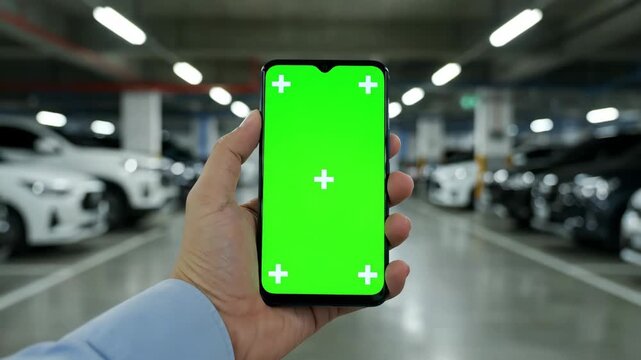 Hand holding smartphone with green screen display in a blurred parking garage background, ready for content insertion