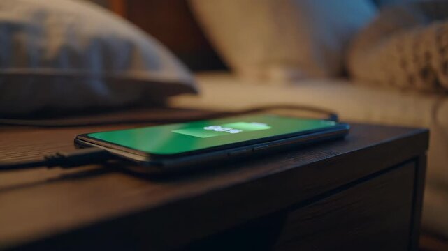 Phone charging on nightstand green battery icon visible cozy bedroom setting