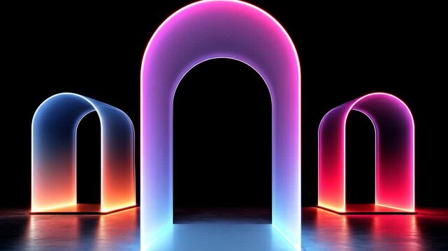 Abstract neon archways glowing with vibrant colors on black background
