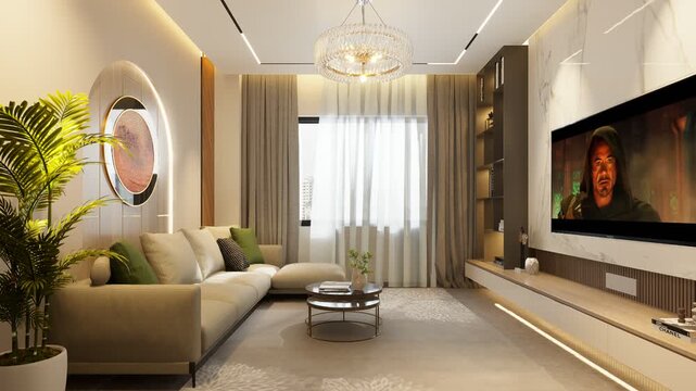 Modern luxury living room interior featuring a comfortable sofa and armchair near a fireplace in a 3d rendered house apartment with elegant furniture and floor to ceiling window architecture