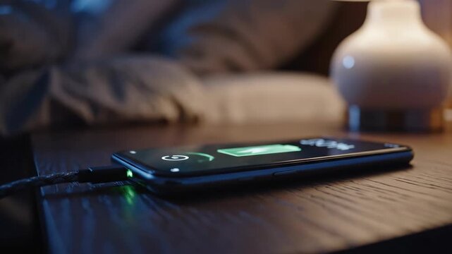 Phone on nightstand charging screen displays charging icon cable attached Lamp in background