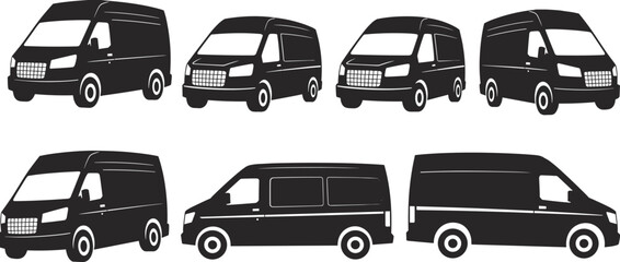 Black cargo van silhouettes set isolated on white background, delivery transport vehicle icons, commercial freight vans collection, minimal flat design illustration for logistics and transportation © Goutom