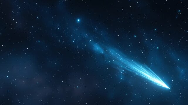 A luminous blue comet with a long, glowing tail streaks across a dark, star-filled cosmic sky.