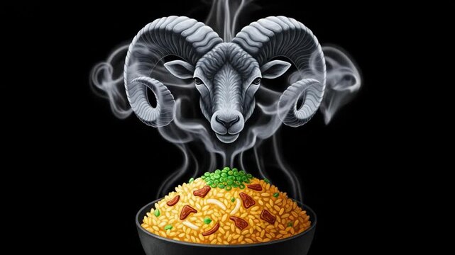 Steaming hot biryani with a majestic rams head made of smoke rising above it, on a black background.