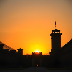 A panoramic view of an old, imposing prison facade at sunset, with watchtowers silhouetted against the orange sky