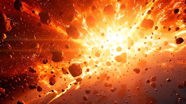A dramatic and explosive cosmic event with debris and bright light.