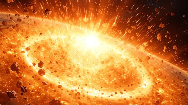 A dramatic depiction of a celestial body exploding with intense light and debris scattering outwards.