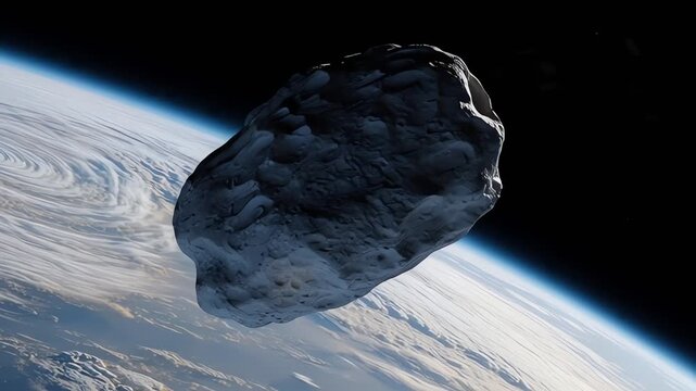 A large asteroid or meteoroid approaches Earth from space, with the planet's blue atmosphere visible in the background.
