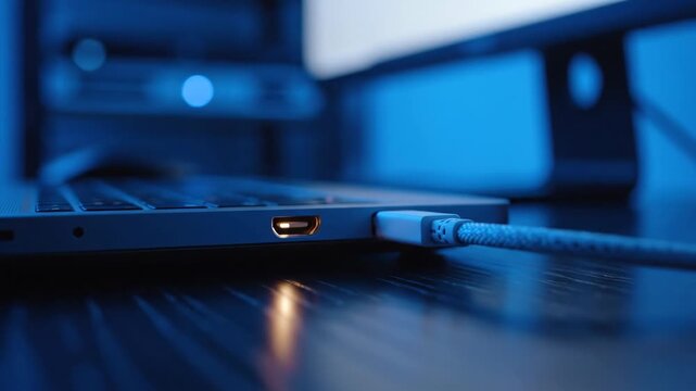 A laptop with a USBC cable plugged into its side set on a dark reflective surface