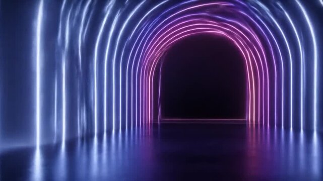 Abstract neon tunnel with vibrant colors and symmetric repeating arches
