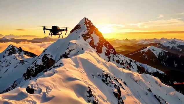 Drone flying over a snowy mountain peak at sunset.