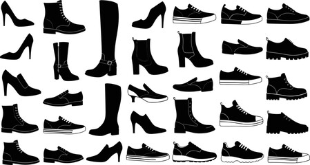 Women Shoe Silhouettes Collection Featuring Boots Heels Sneakers And Loafers, Minimal Black Vector Footwear Illustration Set For Fashion Design, Apparel Catalogs, And Style Concepts