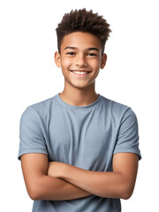 A smiling teen boy with crossed arms exudes confidence and charm in a portrait against a clean white backdrop, isolated on transparent background