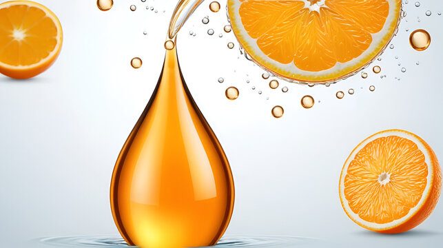 Water drop with Vitamin B2, riboflavin orange color and structure. Vitamin complex. Beauty nutrition skin care design. Banner