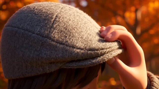 Fall Cozy Fashion, a person adjusts their gray flat cap in golden autumn light, capturing comfort, seasonal beauty, and serenity in a cinematic 3D render.