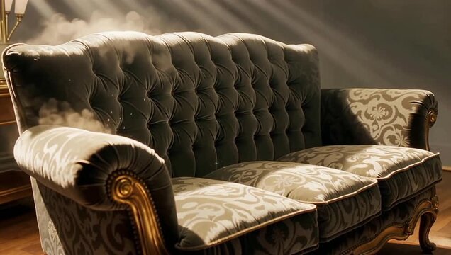 Elegant tufted sofa in a luxurious setting with dappled sunlight.