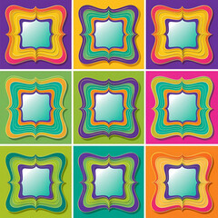 Color scallop y2k frames, groovy wavy borders. Retro funky vector set of rectangular templates with wavy edges in vibrant hues of green, purple, yellow, orange and pink for cards, invitations, posters
