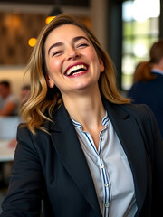 Overjoyed businesswoman happy for successful work.