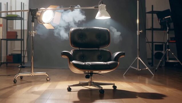Empty black leather chair under bright studio lights, ready for an interview or photoshoot.