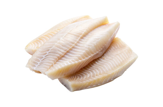 Fresh raw white fish fillets, skinless boneless tilapia or cod portions, uncooked seafood protein isolated on white background