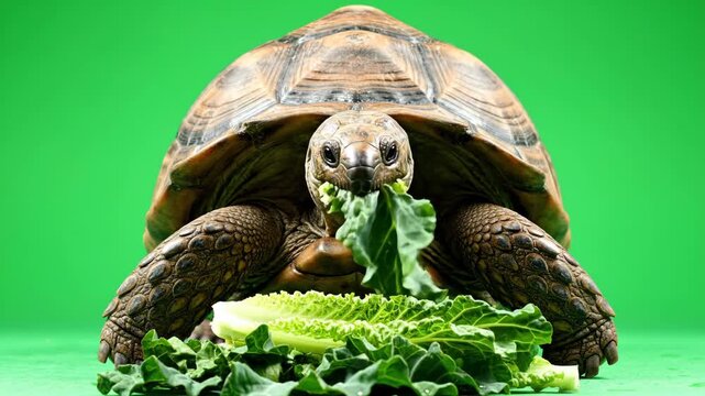 A tortoise eats greens its brown shell and textured legs stand out against the bright green background