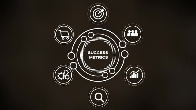 A circular infographic diagram with white for a shopping cart, gears, a magnifying glass, a bar graph, people, and a target, all connected to a central circle labeled SUCESMETRICS on a