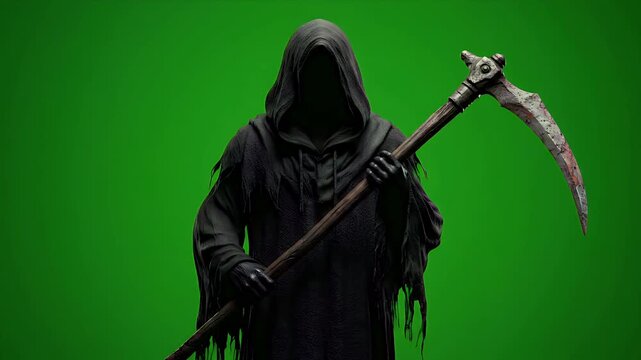 Dark Hooded Wraith with Ancient Scythe Isolated on Green Screen 8K
