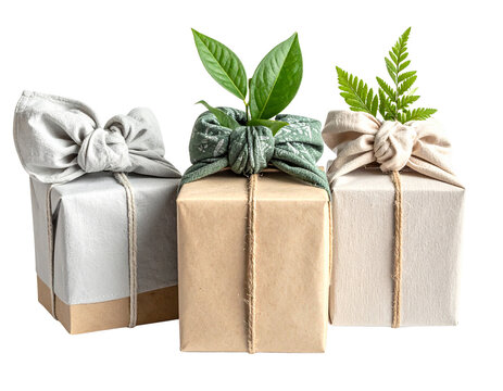 Eco friendly reusable gift boxes with fabric wraps sustainable concept isolated on a transparent background, PNG