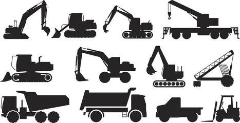 Construction Machinery Silhouettes Set, Excavator Crane Bulldozer Dump Truck and Heavy Equipment Vehicles Black Isolated Vector Collection for Industrial Industry © Sarsoti
