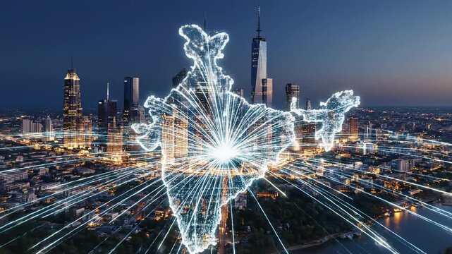 Futuristic Cityscape at Dusk With Digital Data Streams Connecting Buildings and Overlay of India Map Outline