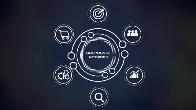 A circular infographic diagram with white for a shopping cart, gears, a magnifying glass, a bar graph, people, and a target, all connected to a central circle labeled CORPORATENETWOR