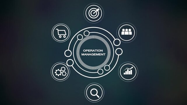 Operation management depicted in a circular infographic featuring for target goal people shopping cart gears and magnifying glass on a dark textured background Keywords: operation management
