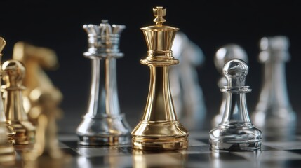 chess battle, victory, success, team leader, teamwork, business strategy, chess gold and silver king surrounded with SILVER and GOLD chess pieces on game competition,  generate by AI