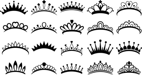 Decorative black crown and tiara silhouette set isolated on white background, royal princess diadem collection for logos, wedding design, branding and vector illustration © Sarsoti