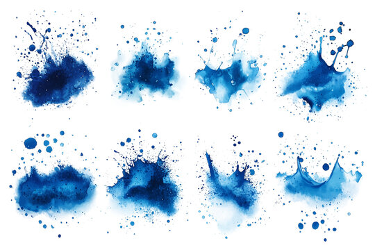 Blue watercolor splash set with paint splatter and ink stain abstract texture isolated on transparent background