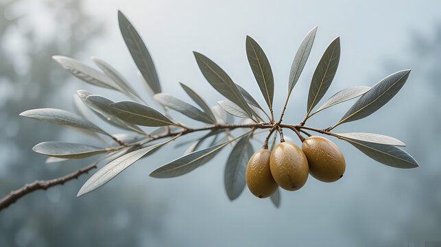 Olive branch with ripening fruit and silver leaves against a bri