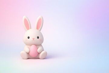 Obraz premium A cute white bunny holding a pink egg on a pastel background Easter Day