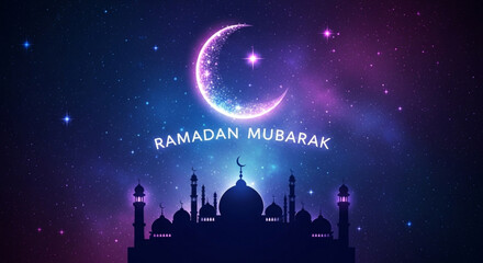 Ramadan mubarak greeting with mosque silhouette and crescent moon under starry night sky with purple hue